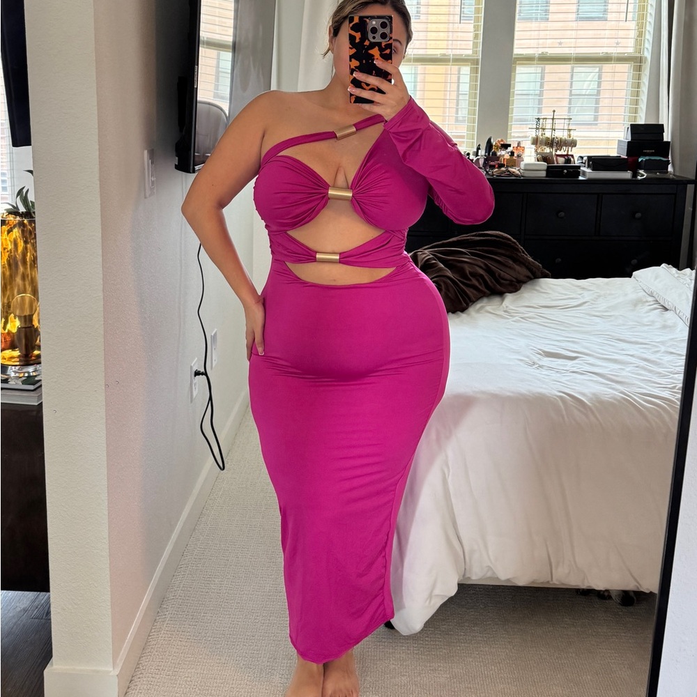 Fashion Nova Hot Pink One-Shoulder Cutout Midi Dress